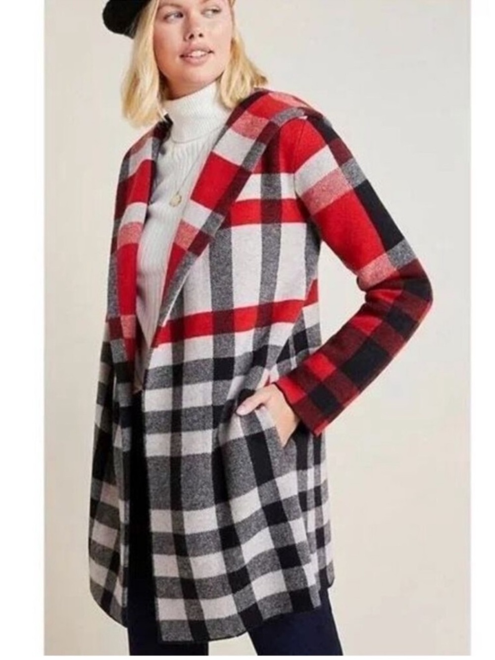 Field Flower Anthropologie Cressida Plaid Wool Sweater Open Front Hooded Size LP